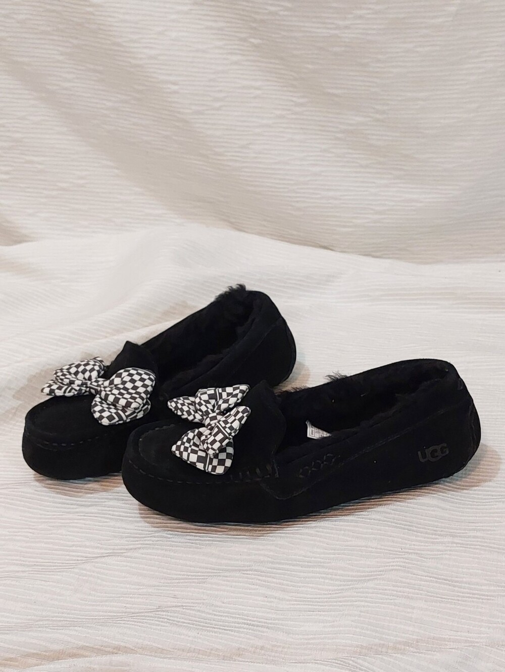 UGG Black Suede Moccasin Slippers with Check Bow Size 8